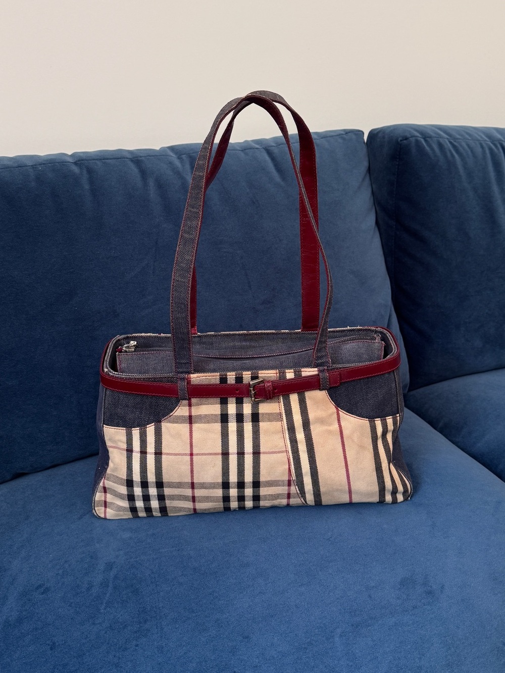 Burberry Vintage Denim-Trimmed Nova Check Shoulder Bag